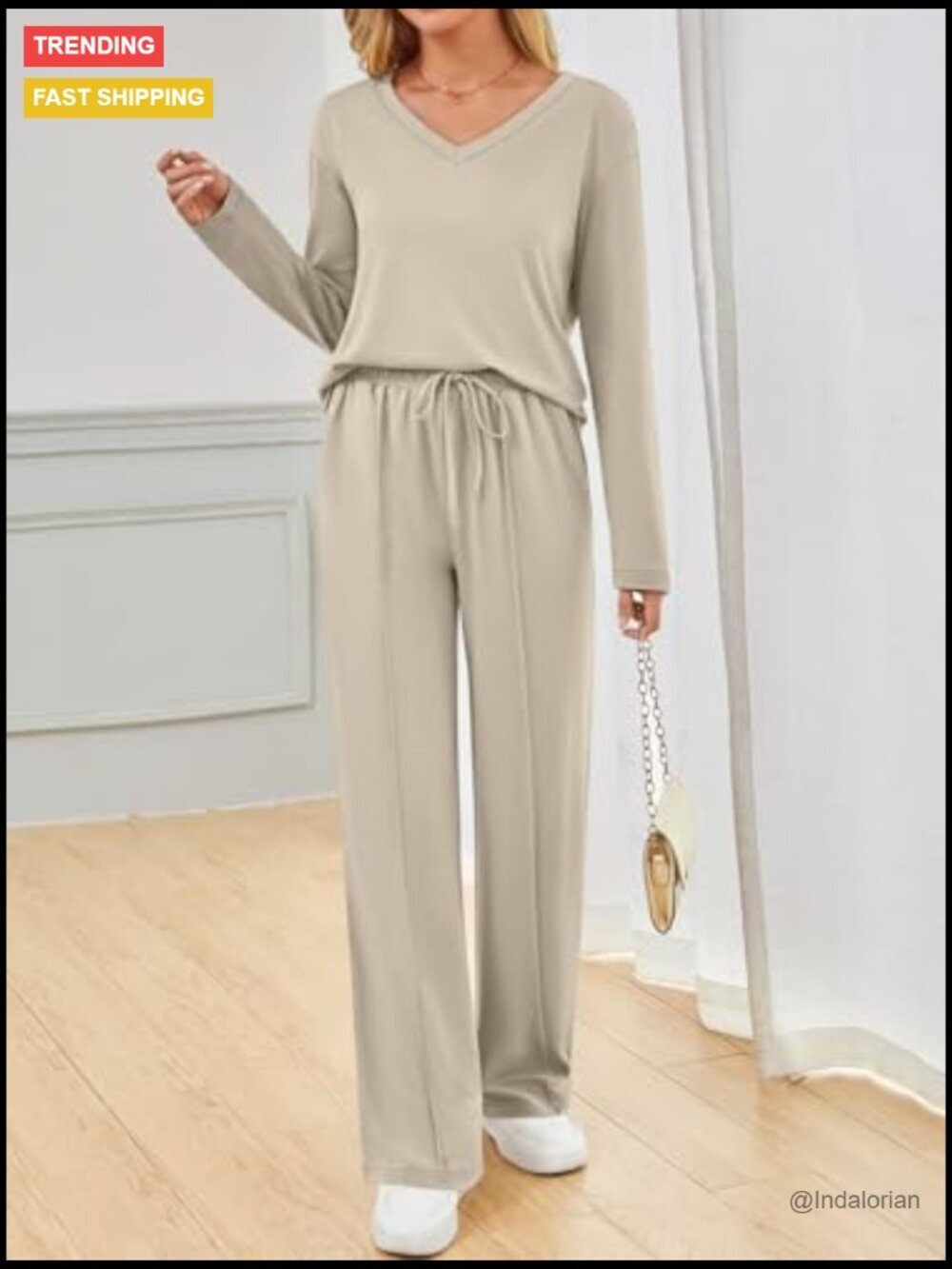 Long Sleeve V-Neck Tracksuit Set with Wide Leg Pants, 60% Polyester 35% Rayon - Picture 2 of 6